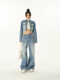 Prettyswomen Dallas Patchwork Denim Blue Cropped Jeans Jacket High Waist Straight Leg Denim Jeans Pants Matching Set