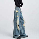 tomboy outfit Korean-Style Retro Black Ripped Jeans Men's and Women's Summer New Ins Fashion Brand Straight Loose Mop Wide-Leg Pants