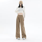 Prettyswomen-shop Autumn and Winter New Khaki Chenille Wide-Leg Pants Women's Small Maillard Pleated Casual Straight Long Pants