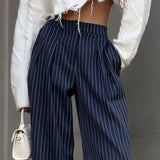 business casual women outfits chic Women's High Waist Straight Wide-Leg Pants Autumn and Winter New Navy Blue Striped Fashion Casual Trousers