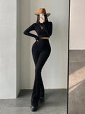 Prettyswomen Alias Solid Color Ribbed Long Sleeve Slim Cropped Top High Waist Flare Pants Matching Set