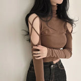 Prettyswomen-shop coachella valley music festival Tight Sexy off-the-Shoulder Top Women's Long-Sleeved Hot Girl Hollow-out Turtleneck Bottoming Shirt Short T-shirt