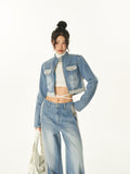 Prettyswomen Dallas Patchwork Denim Blue Cropped Jeans Jacket High Waist Straight Leg Denim Jeans Pants Matching Set