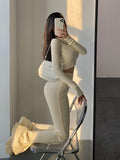 Prettyswomen Alias Solid Color Ribbed Long Sleeve Slim Cropped Top High Waist Flare Pants Matching Set