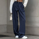 Prettyswomen-shop business casual women outfits chic Women's High Waist Straight Wide-Leg Pants Autumn and Winter New Navy Blue Striped Fashion Casual Trousers