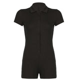 Prettyswomen Solid Color Polo Collar Breasted Rib Tight Casual Basic Romper