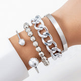 gold Punk Style Imitation Pearl round Beads Stacked Bracelet Suit Exaggerated Personality Metal Elbow Bracelet