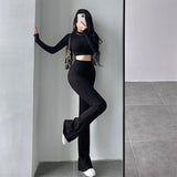 Prettyswomen Alias Solid Color Ribbed Slim Long Sleeve Cropped Top High Waist Pants Matching Set