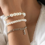 gold Punk Style Imitation Pearl round Beads Stacked Bracelet Suit Exaggerated Personality Metal Elbow Bracelet