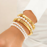 gold Punk Style Imitation Pearl round Beads Stacked Bracelet Suit Exaggerated Personality Metal Elbow Bracelet