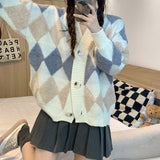 Prettyswomen-shop fall street style Diamond Plaid Contrast Color V-neck Sweater Coat for Women 2024 Autumn and Winter New Retro Loose Mid-Length Long Sleeve