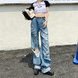 tomboy outfit Hot Girl Ripped Jeans Women's Summer New Straight Loose High Waist Slimming Wide Leg Pants Fashion Ins