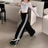 Prettyswomen-shop grunge outfits American-Style Straight Casual Pants Women's Early Spring Bow Line Loose Draping Sports Pants Black Mop Wide-Leg Pants Fashion