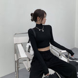 fall street style Black Short Half Turtleneck Bottoming Shirt Women's Long Sleeve Spring and Autumn Inner Tight Cotton Slim-Fit Super Slimming Navel Top