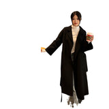 women’s fashion Hand-Stitched Arch Needle Slim Lace-up Bathrobe Wool Casual Long Coat Handmade Double-Sided Nylon Coat