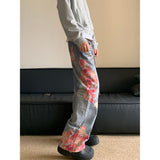 jeans American High Street Stitching High Jeans Men's Summer New Micro Horn Pants Printed Stitching Casual Long Pants