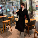 women’s fashion Hand-Stitched Arch Needle Slim Lace-up Bathrobe Wool Casual Long Coat Handmade Double-Sided Nylon Coat