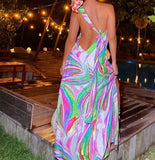 Prettyswomen Printed Lace-Up Slit Backless Beach Dresses