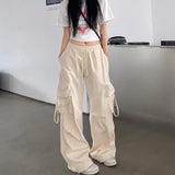 tomboy outfit American Retro Straight Wide-Leg Pants Large Pocket Hip Hop Street Mopping Casual Pants White Loose Overalls Ins