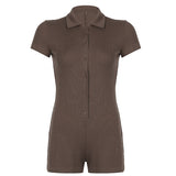 Prettyswomen Solid Color Polo Collar Breasted Rib Tight Casual Basic Romper