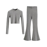 Prettyswomen Alias Solid Color Ribbed Slim Long Sleeve Cropped Top High Waist Pants Matching Set