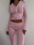 Prettyswomen Women Spring Outfits Casual Zipper Sweater Hoodie Set High Waist Flare Pants Suits Pink Knitted Womens Y2k Two Piece Set