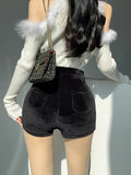 Prettyswomen Black Shorts Women Autumn Winter High Waist Fashion Tight Sexy Stretch Y2k Corduroy Female Casual Pants