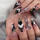 PrettysWomen-2024 Pointed Head False Nails French Black White Press on Nails with Crystal Design European Women Lady Artificial Fake Nails