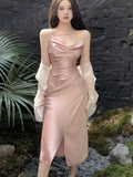 Prettyswomen-Sexy Satin Midi Dress Women New Summer Spaghetti Strap Slim Swinging Collar Split Evening Party Dresses Prom One Piece Vestido