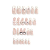 PrettysWomen-French False Nails with Rhinestone Pearl Design Oval Head Press on Nails Full Cover Wearable Women Ballet Acrylic Nails Patch