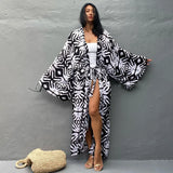 Prettyswomen 2023 Kimono Printed Cardigan Self Belted Long Sleeve Dress Tunic Bath Outlet Saida De Praia Women Beach Wear Swimsuit Cover Up