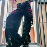 Prettyswomen-Gothic Women Punk Cargo Pants Wide Straight Leg Pants Grunge Hippie Baggy Trousers Y2k Academic Dark Clothes Streetwear