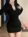 PrettysWomen-Long Sleeve Dresses for Women Black Sexy Club Bodycon Mini Dress Y2k High Waist Ladies Korean Short Dress Basic Autumn Winter