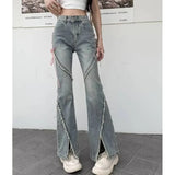 Prettyswomen Streetwear Women Jeans Korean Retro Tassel Split Flared Pants Casual All Match Female High Waist Straight Denim Trousers