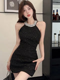 Prettyswomen-Sexy Halter Mini Dress Women Sleeveless Rhinestone Patchwork Shiny Slim Fashion Backless Evening Party Dresses Club Prom Vestido