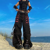 Prettyswomen-Gothic Women Punk Cargo Pants Wide Straight Leg Pants Grunge Hippie Baggy Trousers Y2k Academic Dark Clothes Streetwear