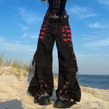 Prettyswomen-Gothic Women Punk Cargo Pants Wide Straight Leg Pants Grunge Hippie Baggy Trousers Y2k Academic Dark Clothes Streetwear