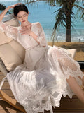 Prettyswomen-French Lace Long Dresses for Women Summer White Party Dress Beach Style V-neck A-line Elegant Prom Robe Wedding Vestidos Mujer