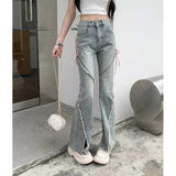 Prettyswomen Streetwear Women Jeans Korean Retro Tassel Split Flared Pants Casual All Match Female High Waist Straight Denim Trousers