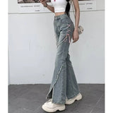 Prettyswomen Streetwear Women Jeans Korean Retro Tassel Split Flared Pants Casual All Match Female High Waist Straight Denim Trousers