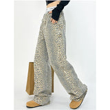 Prettyswomen-American Retro High Street Casual Overalls Leopard Print Loose Wide Leg Pants For Women Y2k Hip-hop Cargo Grunge Baggy Trousers