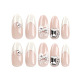 PrettysWomen-French False Nails with Rhinestone Pearl Design Oval Head Press on Nails Full Cover Wearable Women Ballet Acrylic Nails Patch