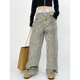 Prettyswomen-American Retro High Street Casual Overalls Leopard Print Loose Wide Leg Pants For Women Y2k Hip-hop Cargo Grunge Baggy Trousers