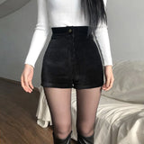 Prettyswomen Women's Black Goth Pants Shorts High Waist Spring Autumn Fashion Tight Sexy Stretch Y2K Corduroy Female Casual Pants