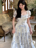 Prettyswomen-French Vintage Chiffon Floral Midi Dresses for Women Ruffles A-line Birthday Party Dress Elegant Prom Robe Summer New Vestidos