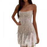 Prettyswomen-2024 New Summer Sexy Women's Clothing Fitted Waist Backless Short Skirt Tassel Sequins Tube Top Dress