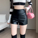 Prettyswomen Leather Shorts Black Y2k Shorts Women's Spring and Summer High Waist Bag Hip Sexy Pu Leather Bottoming Elastic Tight Shorts