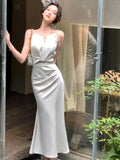 Prettyswomen-New Summer Stain Midi Dress Women Evening Party Dress Elegant Sleeveless Slim Mermaid Prom Robe Fashion Solid One Pieces Vestido