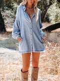 PrettysWomen Denim Shirt Dress Women Turn-Down Collar Long Sleeve Dresses Female Fashion Single Breasted Casual Loose Dress With Pockets