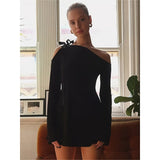 Prettyswomen-Asymmetric neck solid dress, Y2K cold shoulder long sleeve dress, WOMEN'S clothing